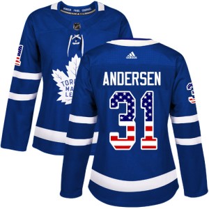 Women's Toronto Maple Leafs Frederik Andersen Adidas Authentic USA Flag Fashion Jersey - Royal Blue
