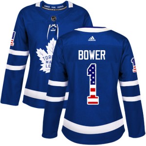 Women's Toronto Maple Leafs Johnny Bower Adidas Authentic USA Flag Fashion Jersey - Royal Blue